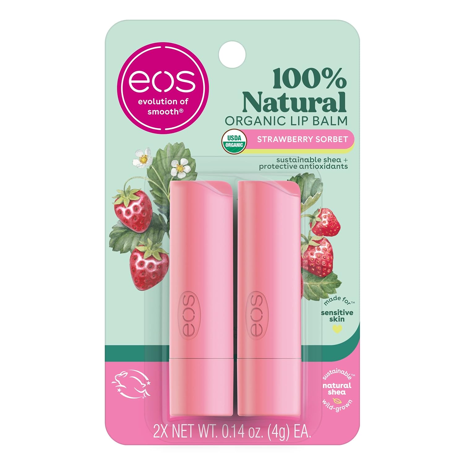 Balsam de buze, Eos, Sticks 100% Natural & Organic, Hidratare 24 h, Recomandat de dermatologi, 4 g, Set 2 bucăți