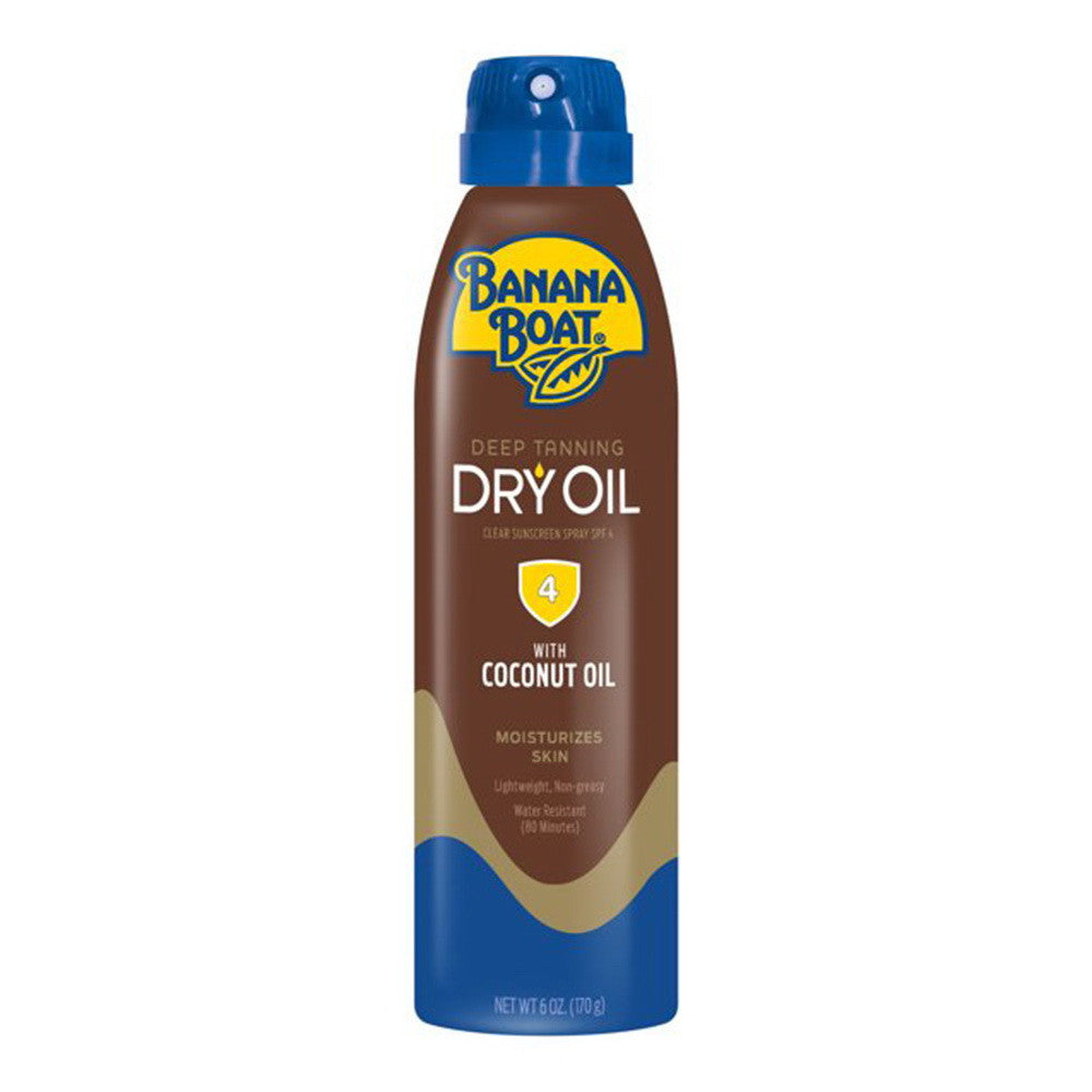 Ulei de bronzare spray, Banana Boat, Deep Tanning Dry Oil SPF 4 cu ulei de cocos, Bronzare intensă și hidratare, 170 g