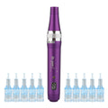 Aparat masaj facial, Dermapen, 10 capete rezerva cu 12 ace din titan, Dr.Pen Ultima X5-W, Wireless, pentru regenerarea pielii, Mov