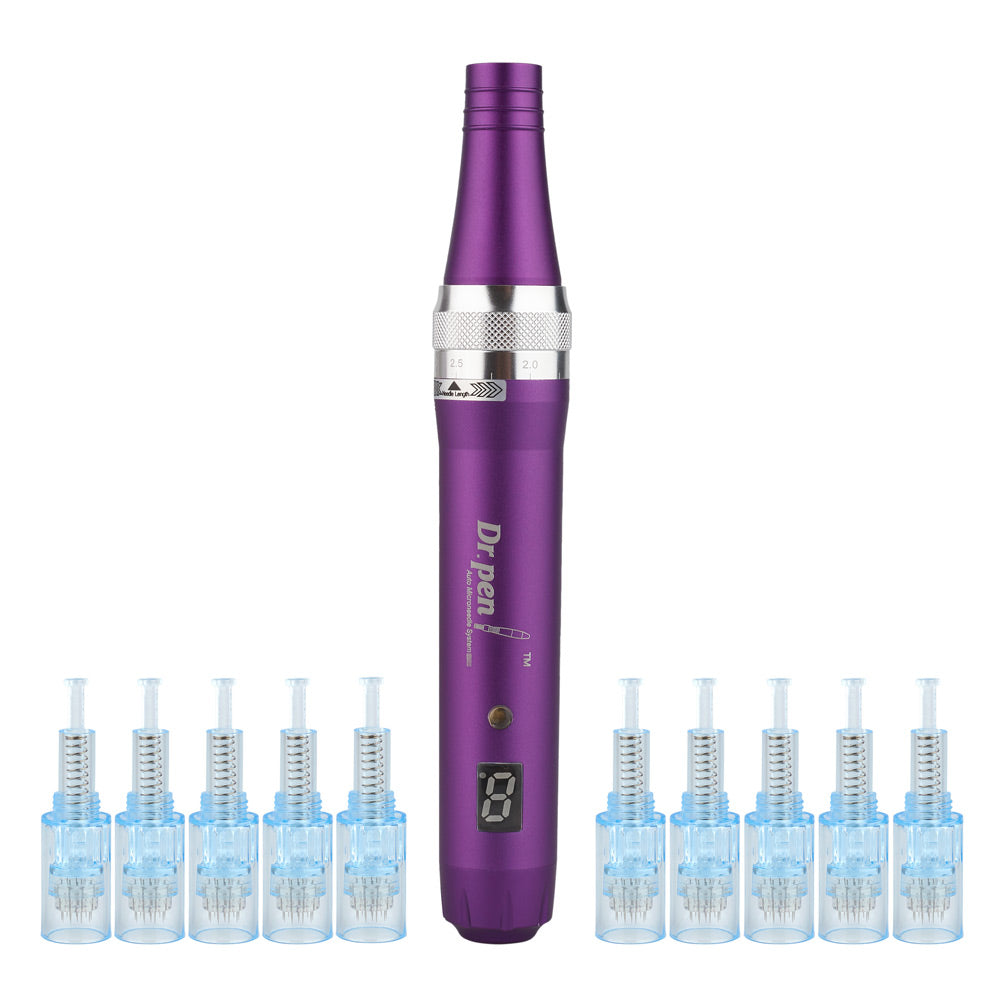 Aparat masaj facial, Dermapen, 10 capete rezerva cu 12 ace din titan, Dr.Pen Ultima X5-W, Wireless, pentru regenerarea pielii, Mov