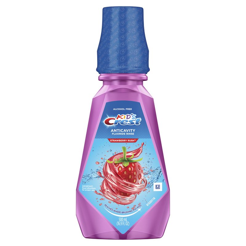 Apa de Gura, Crest, Strawberry Rush, fara alcool, cu fluor, aroma capsuni, pentru copii, 500ml