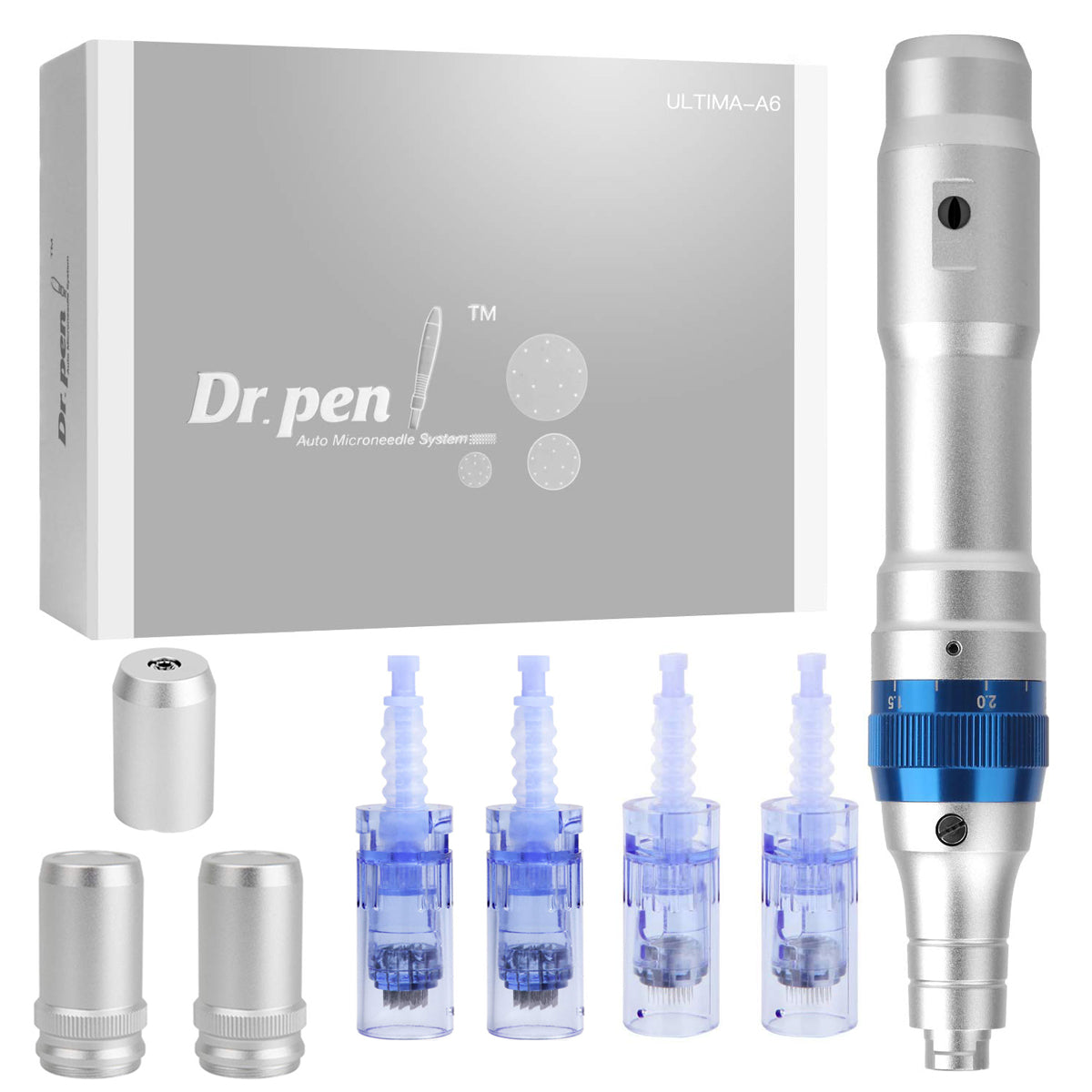 Aparat masaj facial Dermapen Ultima A6, pentru regenerarea pielii, 2 capete cu 12 ace din titan si 2 capete cu 42 ace din titan, wireless, argintiu