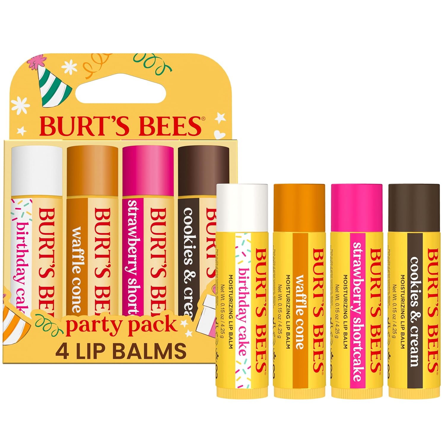 Balsam de buze, Burt's Bees, Party Pack, Hidratant zilnic, Fără pigmenți, Set 4 tuburi (4 x 4.25 g)