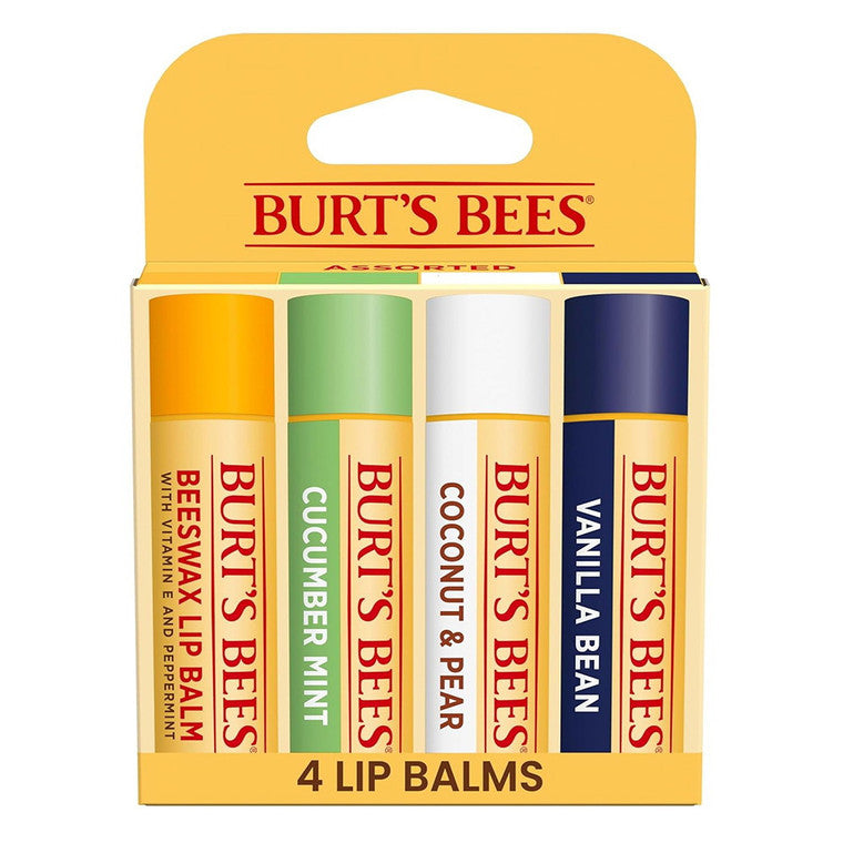 Balsam de buze, Burt's Bees, 100% natural, Aromă castravete-mentă & pară-cocos, Set 4 tuburi
