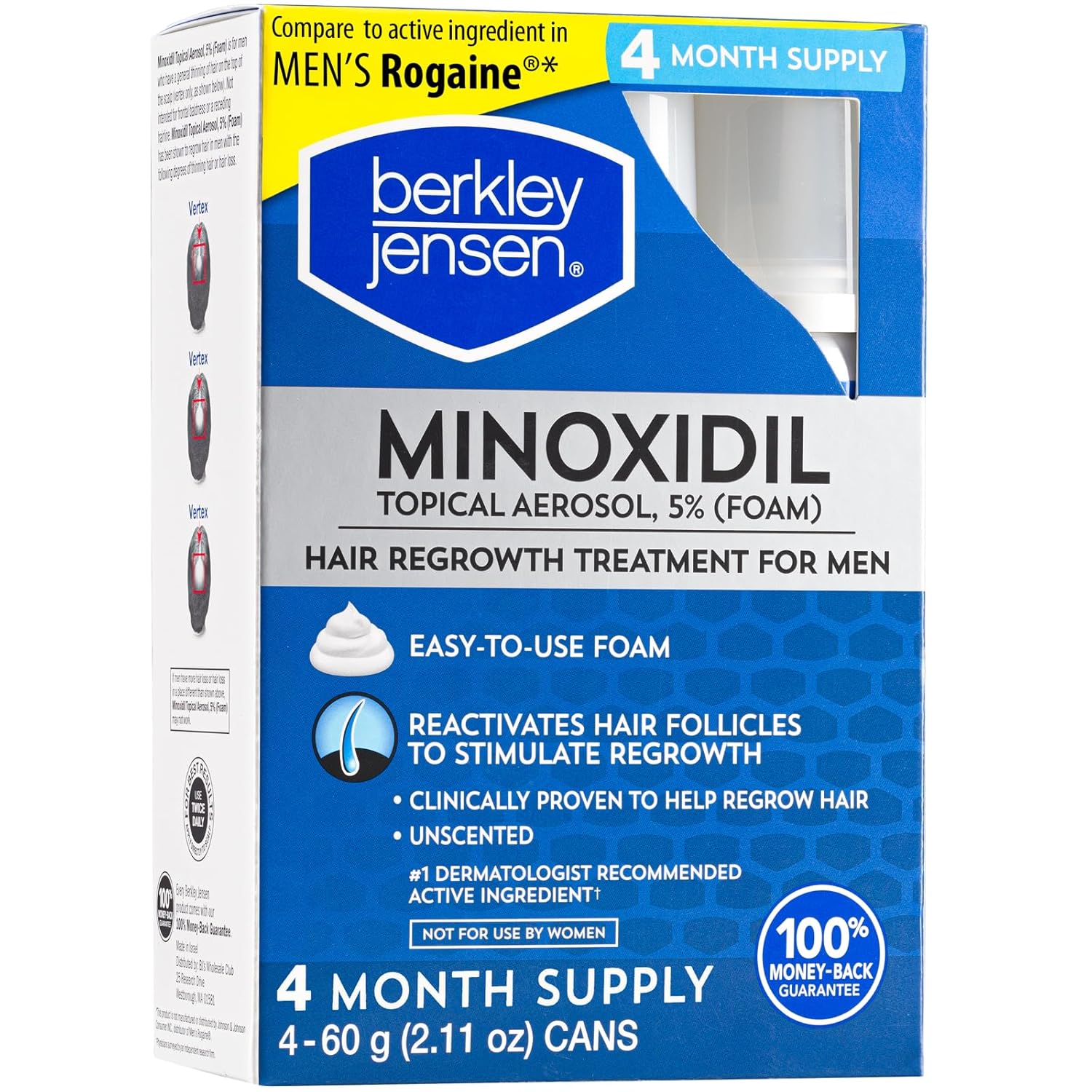 Set Spuma, Berkley Jensen, Minoxidil 5%, Tratament Impotriva Caderii Parului, pentru Barbati, fara Parfum, 4x 60gr