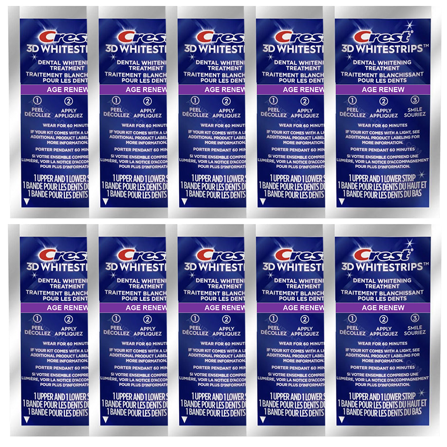 Set 10x Benzi Albirea Dintilor, Crest, 3D White, Age Renew, 14% Concentratie, Tratament 10 zile, 60 min, Nivel Albire 25