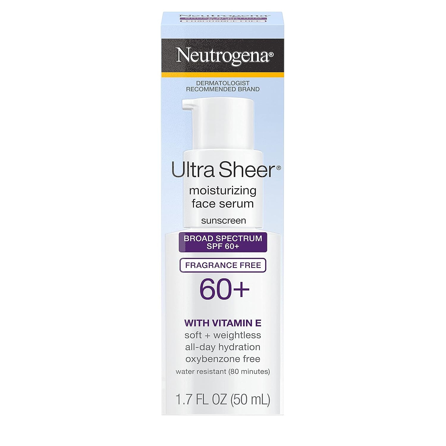 Ser de Fata, Neutrogena, Ultra Sheer Moisturizing, cu Protectie Solara, SPF 60+, impotriva UVA si UVB, cu Vitamina E, Rezistent la Apa, fara Parfum, 50ml