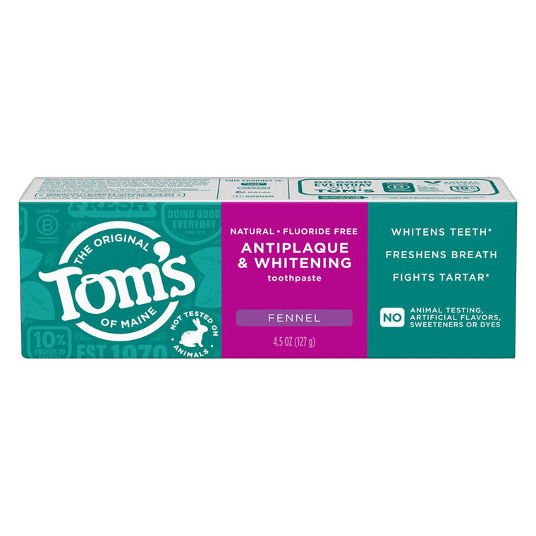 Pasta de dinți, Toms of Maine, Antiplaque și Whitening, Fluoride-Free, Fennel, 133g