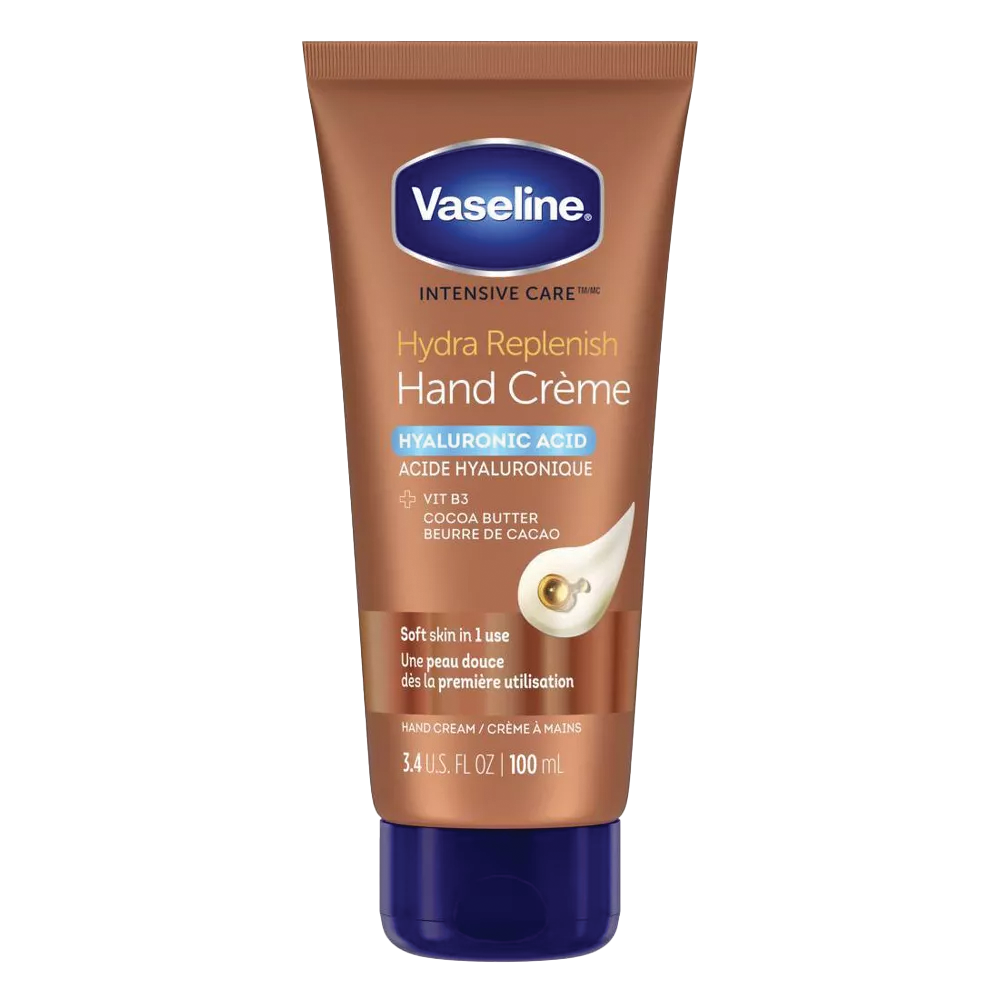 Cremă de Mâini, Vaseline, Intensive Care Hydra Replenish, Hidratare cu acid hialuronic, Nutriție cu unt de cacao pentru piele catifelată, 100 ml
