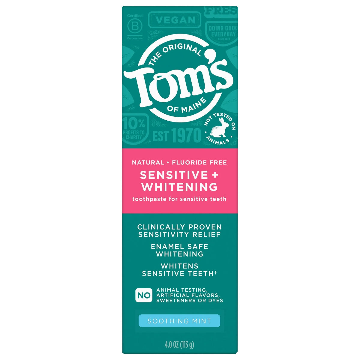 Pastă de dinți, Tom's of Maine, Sensitive + Whitening, Fără fluor, Mentă, 113 g