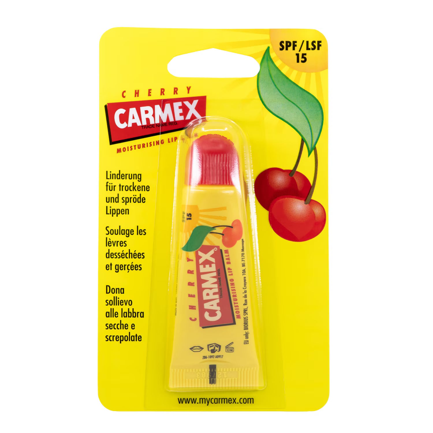 Balsam de Buze, Carmex, Cherry, pentru Hidratare Intensa, SPF 15, Aroma Cirese, 10gr