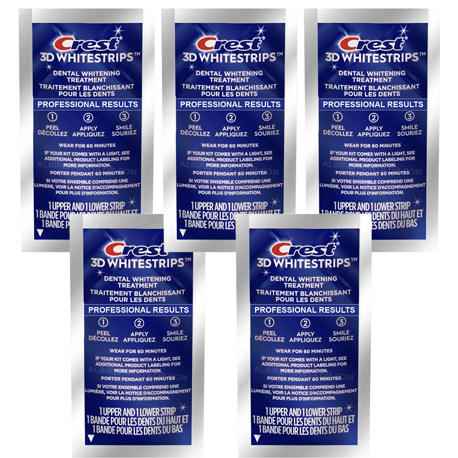 Set 5x Benzi Albirea Dintilor, Crest, 3D White, Professional Results, 10% Concentratie, Tratament 5 zile, 30 min, Nivel Albire 12