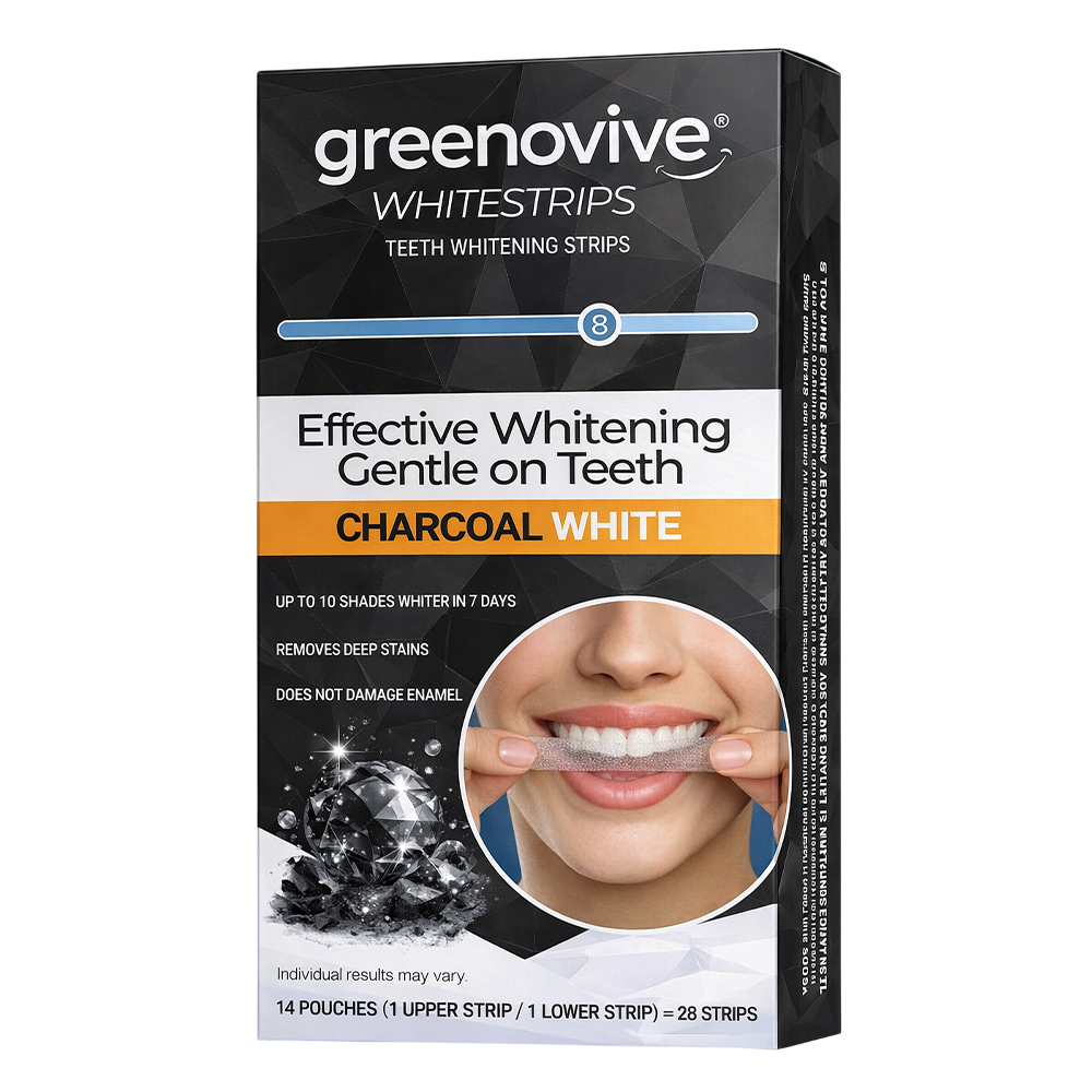 Benzi Albirea Dintilor, GREENOVIVE®, Charcoal White, cu Carbune Activ, fara Peroxid, Nivel Albire 8, Cutie 14x Plicuri, Tratament 14 zile