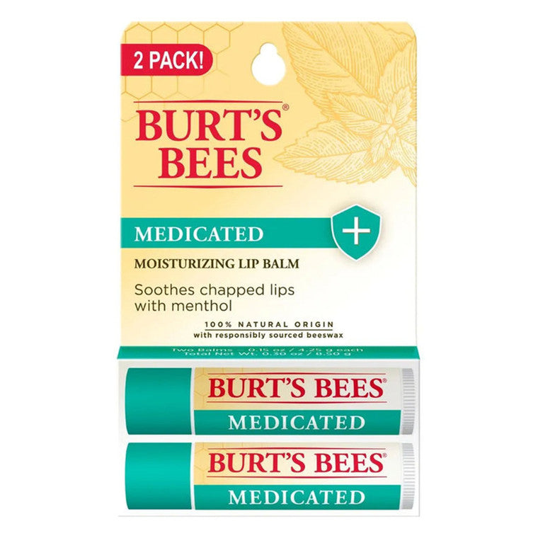 Balsam buze, Burt's Bees, Medicated, Mentol, Hidratant, Set 2 bucăți, Calmare rapidă, 2 x 4.25 g