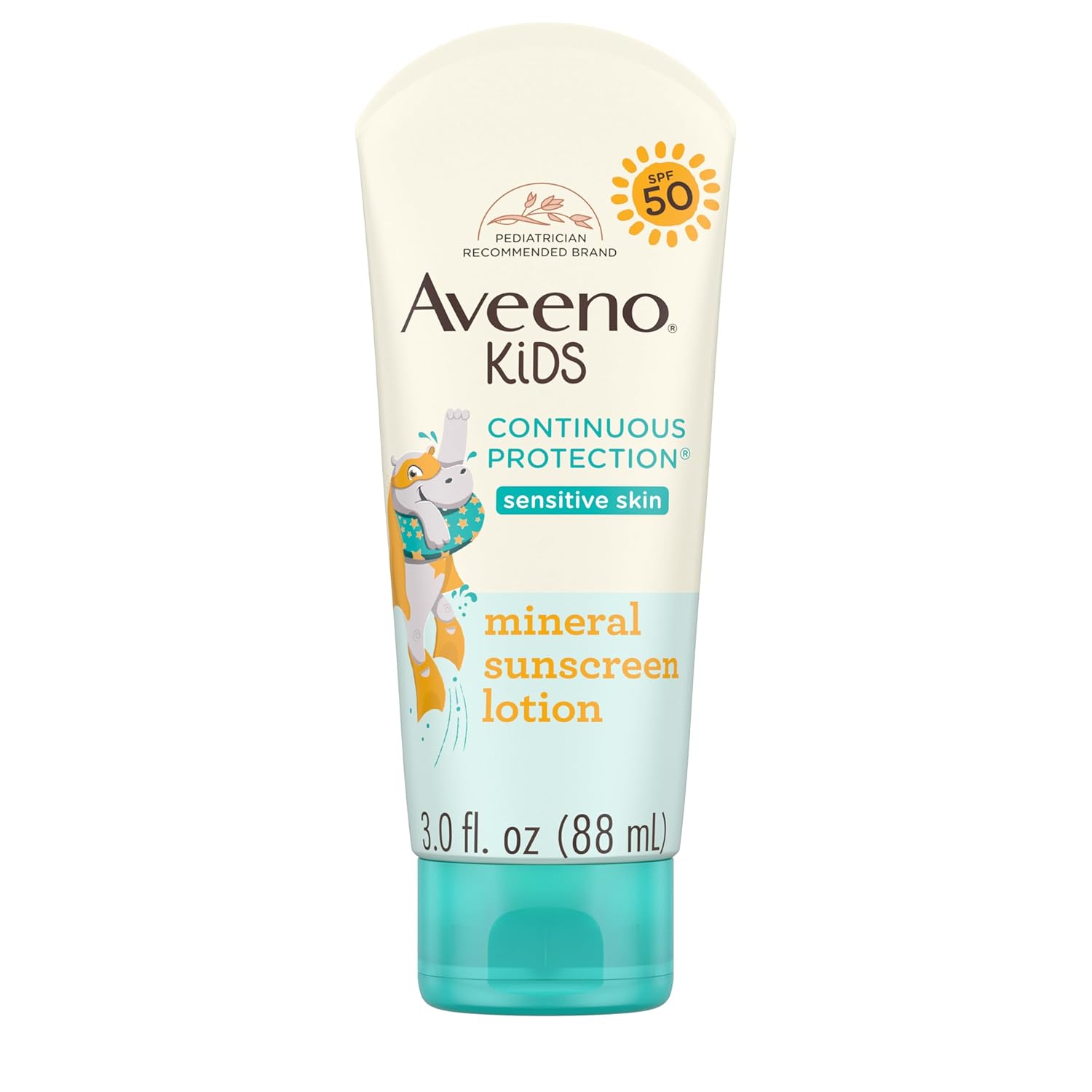 Loțiune protecție solară minerală, Aveeno, Kids Continuous Protection, SPF 50, Rezistentă la apă & transpirație, 88 ml