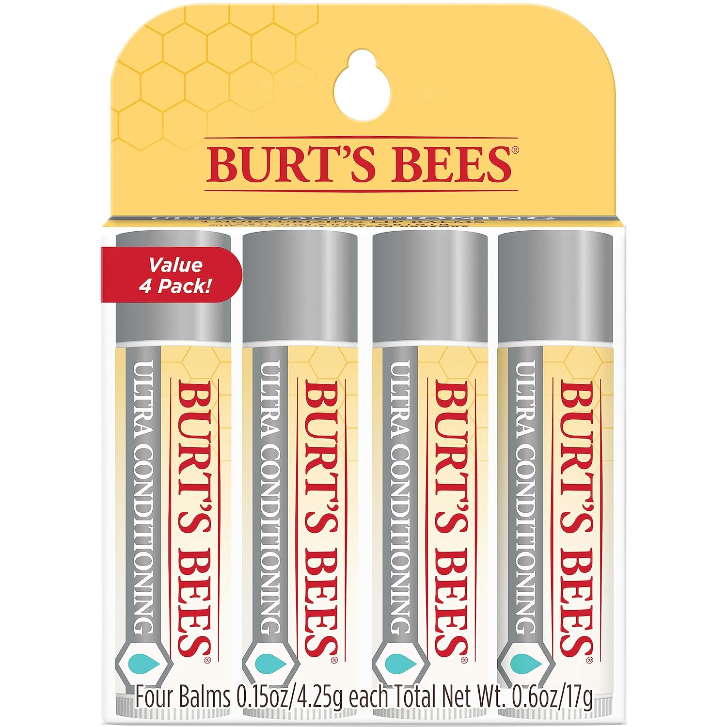 Balsam de buze, Burt's Bees, Ultra Conditioning, 100% origine naturală, Shea & cacao, Pachet 4 bucăți