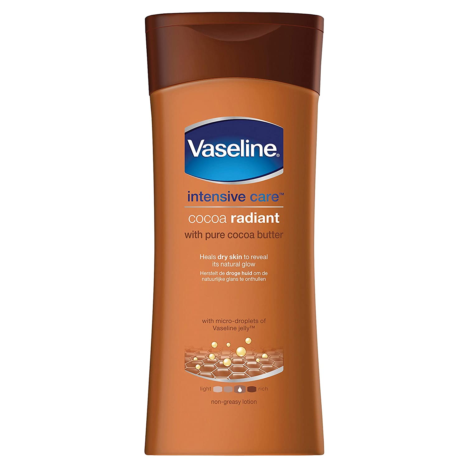 Lotiune de Corp, Vaseline, Cocoa Radiant, cu Unt de Cacao, pentru Catifelarea Pielii, Hidratare Intensa, 200ml