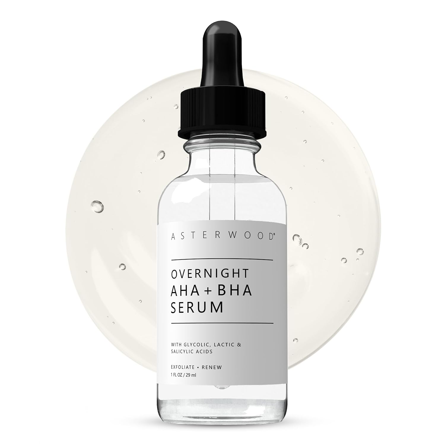 Serum exfoliant, Asterwood, Overnight, AHA & BHA, Fără parfum, Exfoliere blândă, Ten neted, 30 ml