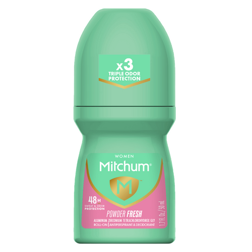 Antiperspirant Roll-on, Mitchum, Triple Odor Defense, Powder Fresh, pentru Femei, pentru Piele Sensibila, Protectie 48h, 50ml