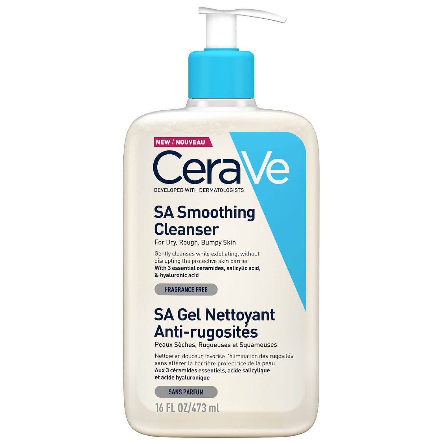 Gel de Dus, CeraVe, SA Smoothing Cleanser, pentru Corp, pentru Piele Uscata si Aspra, cu Ceramide, Acid Hialuronic si Acid Salicilic, fara Parfum, cu Actiune Exfolianta, 473ml