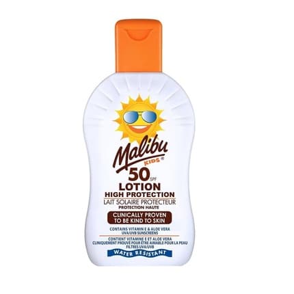 Loțiune protecție solară, Malibu, SPF 50, Protecție ridicată, Hidratare, Rezistentă la apă, 200 ml