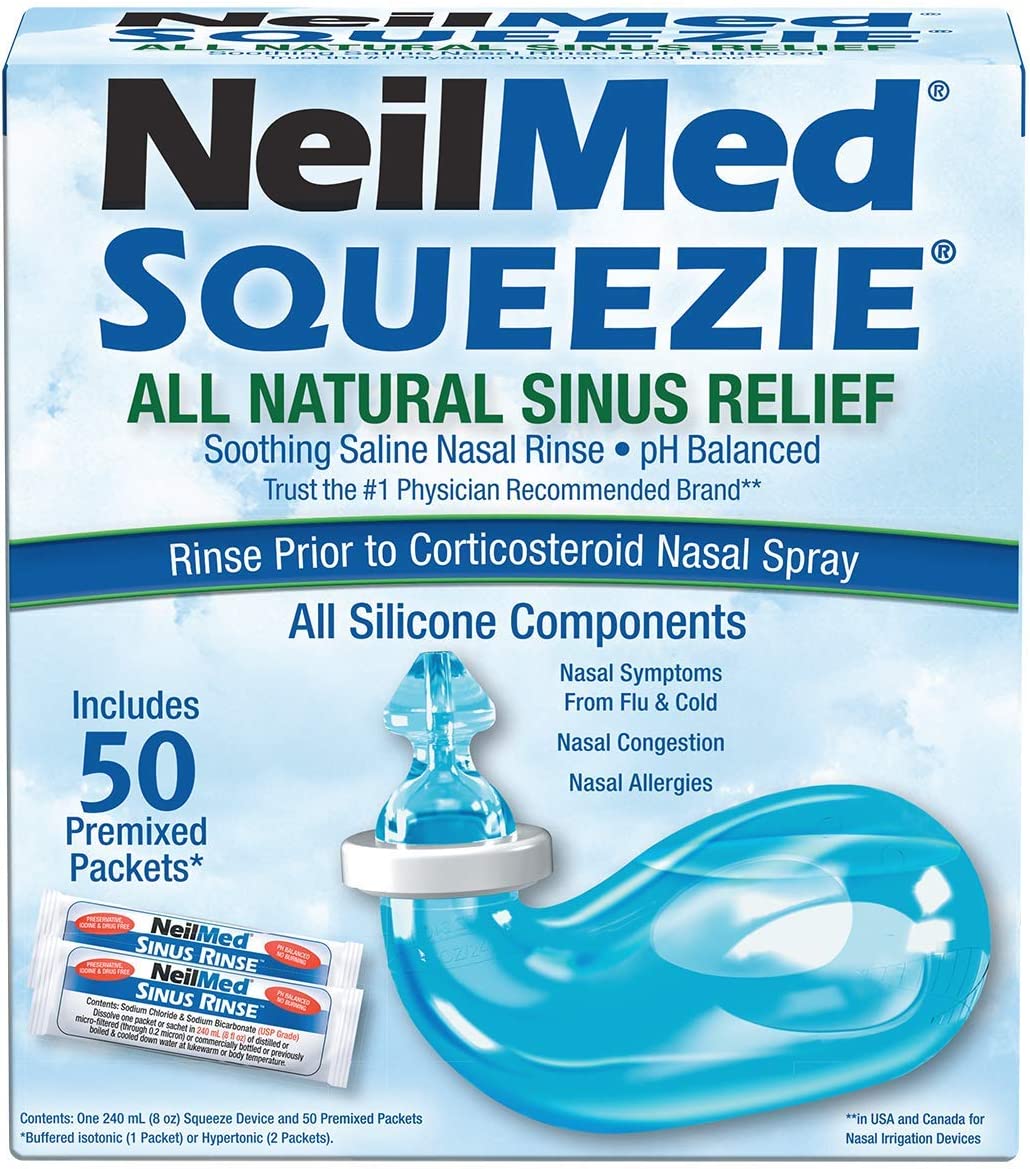 Set Irigator Nazal si Solutie Salina, NeilMed, Squeeze, Forma Compacta, pentru Curatare Sinusuri si Decongestie Nazala, Capacitate 240ml, 50 plicuri x 2.4gr