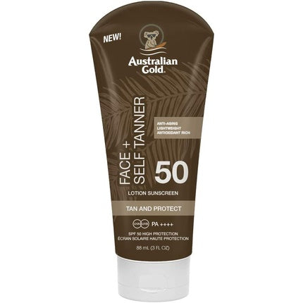 Loțiune Față Protecție Solară, Australian Gold, SPF 50 Autobronzant, Protecție Solară, Bronz Natural, Hidratare, 88 ml