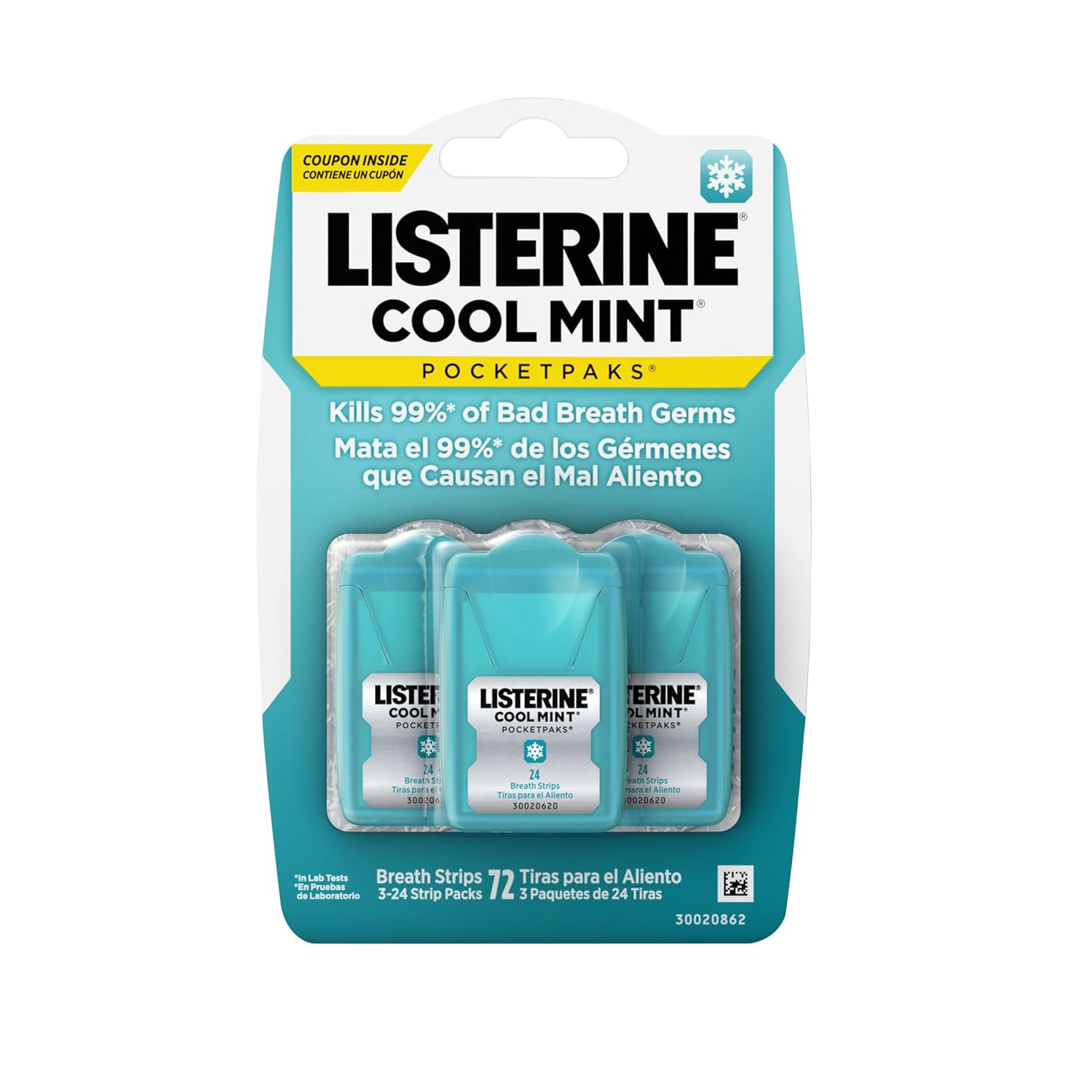 Benzi dizolvabile, Listerine, PocketPaks Cool Mint, Împrospătare orală, Fără zahăr, Set 3 x 24 benzi