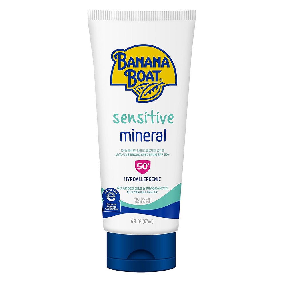 Loțiune protecție solară minerală, Banana Boat Sensitive, Mineral SPF 50+, Protecție ridicată pentru piele sensibilă, 177 ml