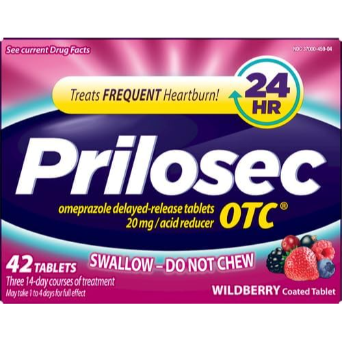 Supliment, Prilosec, Wildberry, Destinat Tratamentului Arsurilor Frecvente la Stomac, Reduce Aciditatea, cu Omeprazol 20 mg, cu Aroma de Fructe de Padure, 42 tablete