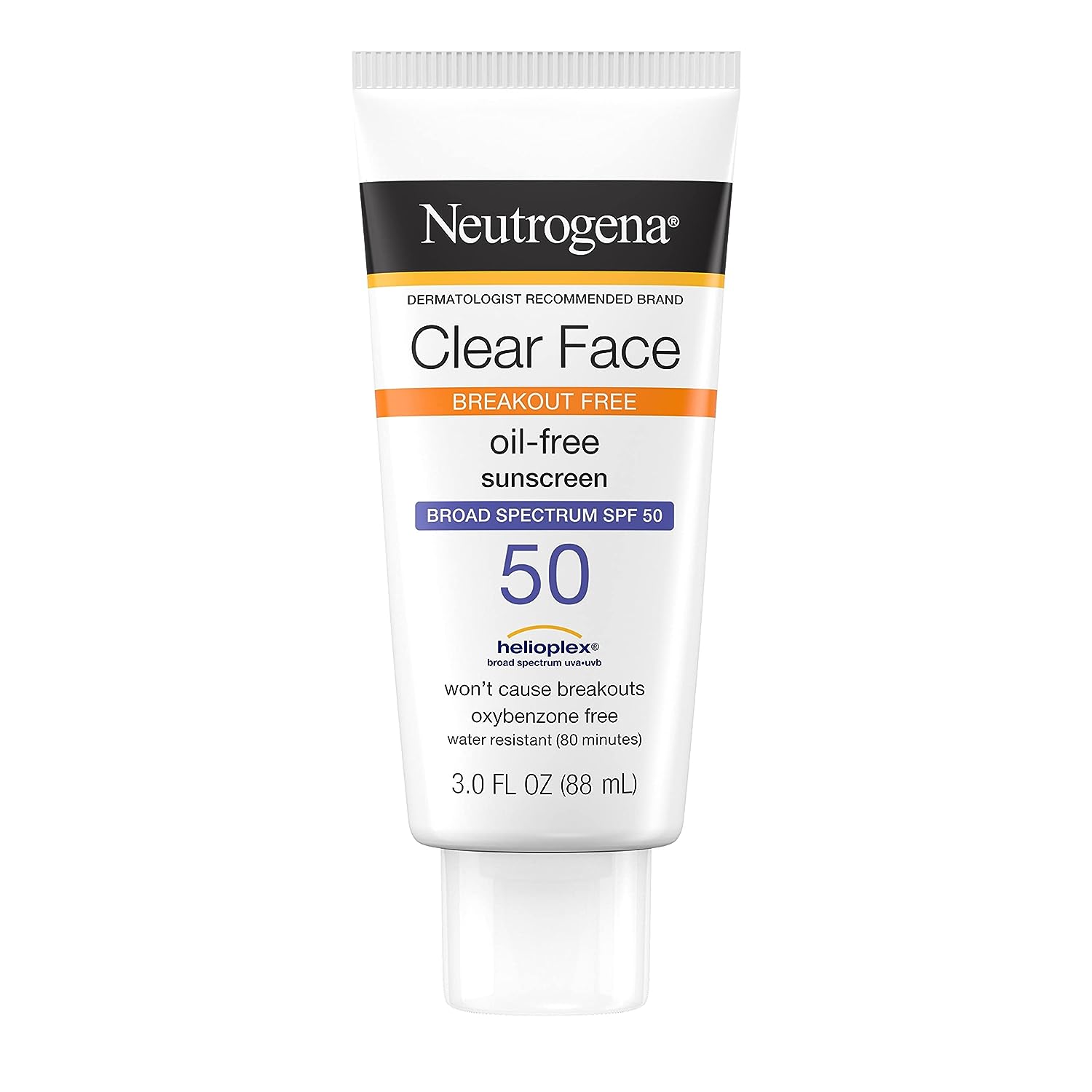 Lotiune de Fata, Neutrogena, Clear Face,  pentru Piele Predispusa la Acnee, Fara Ulei, Rezistenta la Apa, SPF 50, 88ml