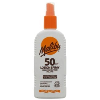 Spray solar, Malibu, SPF 50, Protecție ridicată, Aplicare rapidă, Rezistent la apă, 200 ml