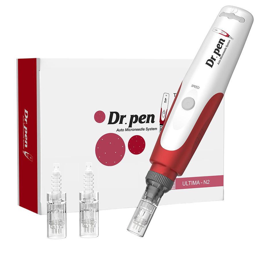 Creion cu Micro-Ace din Titan, Dr. Pen, Dermapen N2, 2x Rezerve 12 ace, Adancime 0.25 - 2.50 mm, 5 viteze, fara Fir, Alb cu Rosu