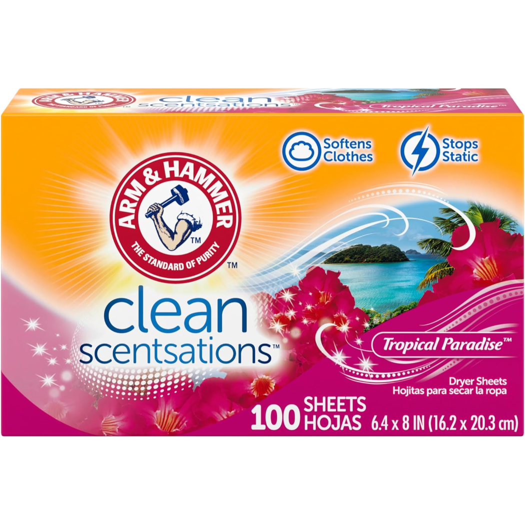 Servetele Parfumate Pentru Uscator, Arm&Hammer, Clean Scentsations, Tropical Paradise, pentru Rufe, Inmoaie Tesaturile si Reduc Electrizarea, 100 buc