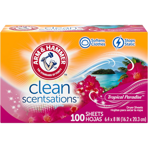 Servetele Parfumate Pentru Uscator, Arm&Hammer, Clean Scentsations, Tropical Paradise, pentru Rufe, Inmoaie Tesaturile si Reduc Electrizarea, 100 buc