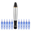 Aparat masaj facial, Dermapen, 10 capete rezerva cu 12 ace din titan, Dr.Pen Ultima A1-C, Pentru regenerarea pielii, Negru/Gri