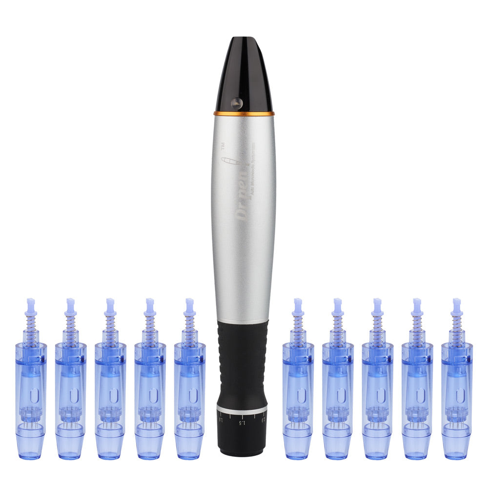 Aparat masaj facial, Dermapen, 10 capete rezerva cu 12 ace din titan, Dr.Pen Ultima A1-C, Pentru regenerarea pielii, Negru/Gri