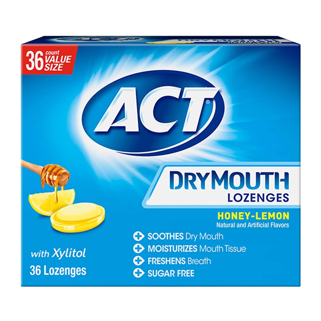 Drajeuri, ACT, Dry Mouth, pentru Respiratie Proaspata, cu Xilitol, Aroma de Miere si Lamaie, 36 buc