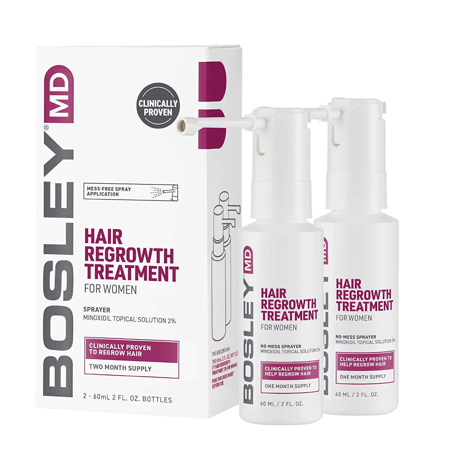 Solutie pentru Cresterea Parului, Bosley MD, Minoxidil 2%, cu Pulverizator, 2x 60ml