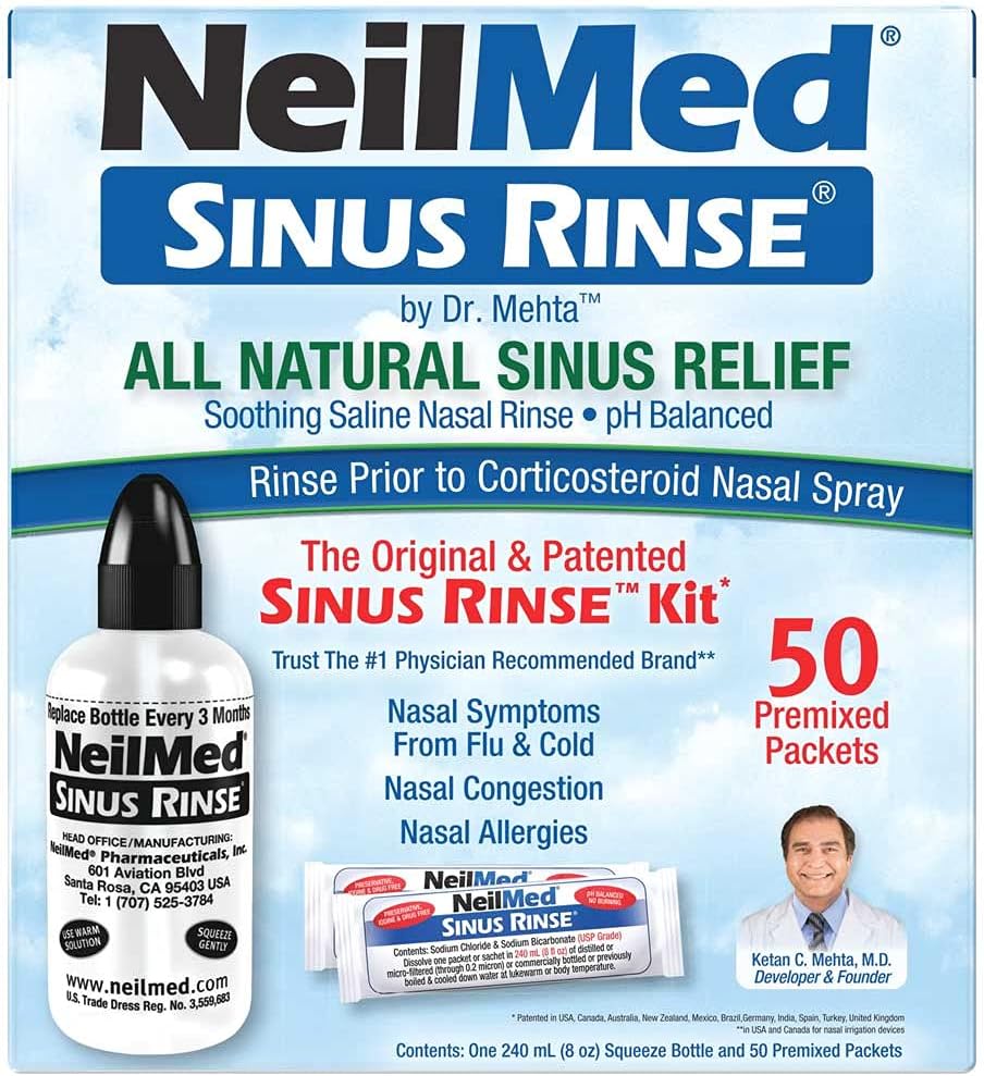 Set Irigator Nazal si Solutie Salina, Neilmed, Sinus Rinse, Curatare Sinusuri, Decongestie Nazala, 240ml, 50 plicuri (2.4gr)