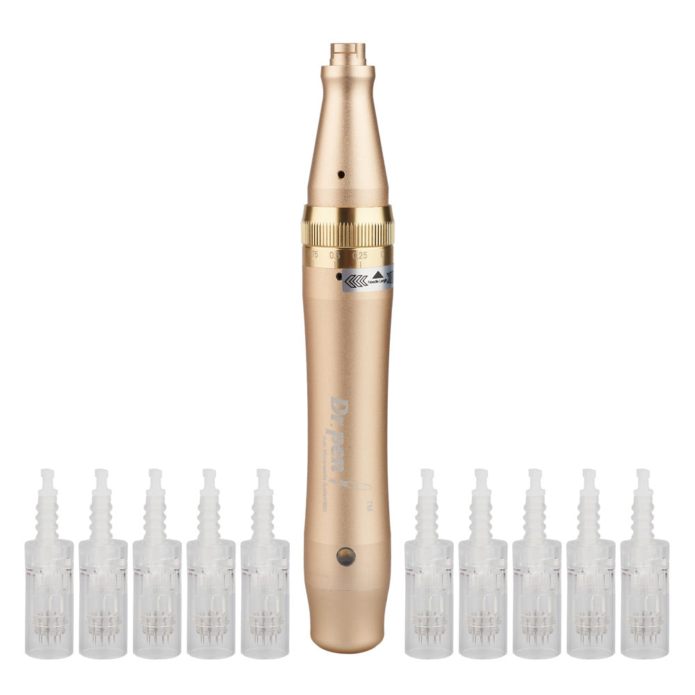 Creion cu Micro-Ace din Titan, Dermapen, Dr. Pen, Ultima M5-C, cu Fir, 10x Rezerve 12 pini, 0.25 - 3.00 mm, 5 viteze, Auriu