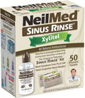 Set Irigator Nazal si Solutie Salina, NeilMed, Sinuse Rinse, pentru Curatare Sinusuri si Decongestie Nazala, cu Xylitol, Capacitate 240ml, 50 plicuri x 2.4gr