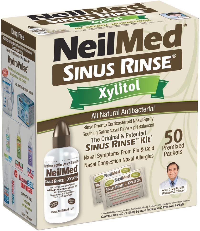 Set Irigator Nazal si Solutie Salina, NeilMed, Sinuse Rinse, pentru Curatare Sinusuri si Decongestie Nazala, cu Xylitol, Capacitate 240ml, 50 plicuri x 2.4gr