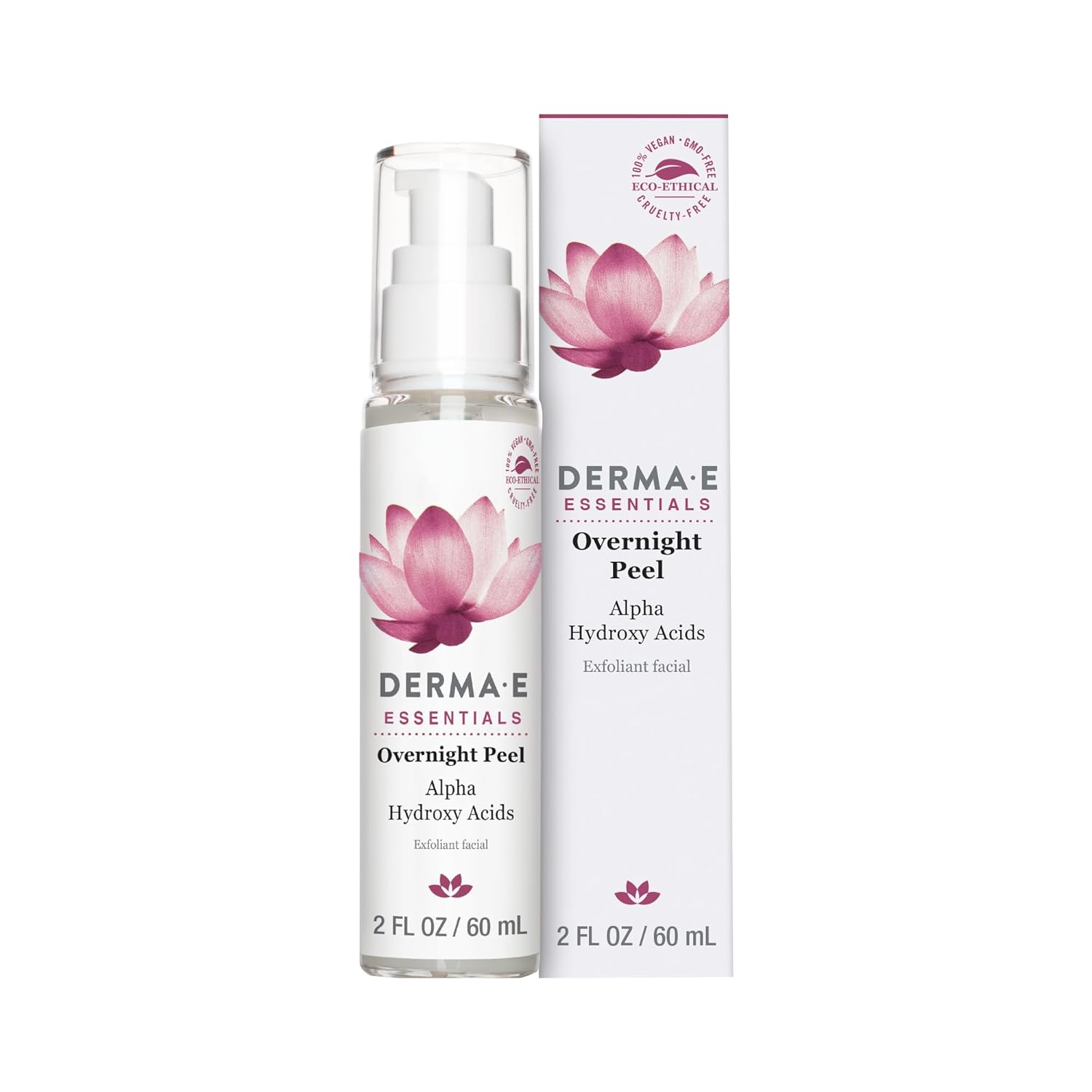 Exfoliant facial, Derma E, Essentials Overnight, Vegan, Fără gluten, Acid hialuronic & acid lactic, 60 ml