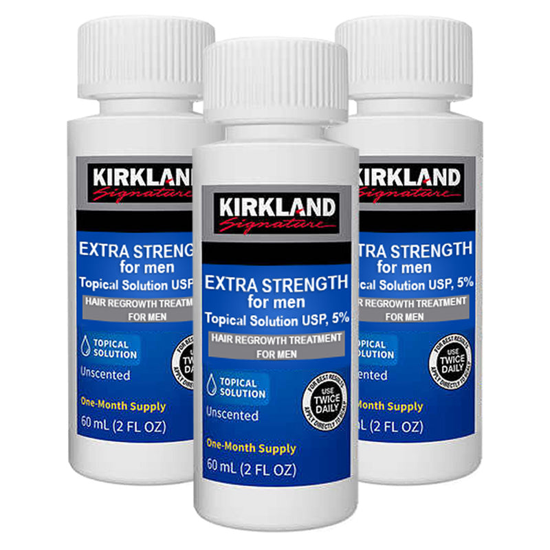 Set Tratament, Perrigo, Kirkland Signature, Minoxidil 5%, pentru Stimularea Cresterii Parului si a Barbii, Pipeta Inclusa, 3 x 60ml