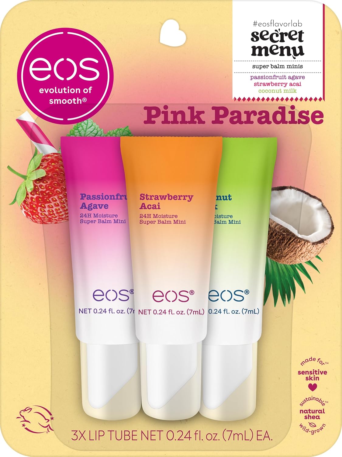 Balsam de buze, Eos, 24H Moisture Super Balms Minis, Pink Paradise, Ediție limitată, Set 3 x 5 ml