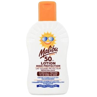 Loțiune protecție solară, Malibu, SPF 50, Protecție ridicată, Hidratare, Rezistentă la apă, 200 ml